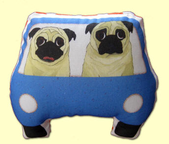 2 Fawn Pugs in their Blue Car