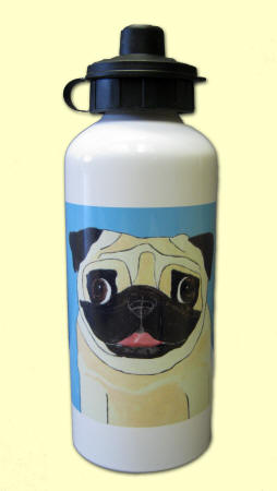 Water Bottle shown with flip top & Pug Design A28