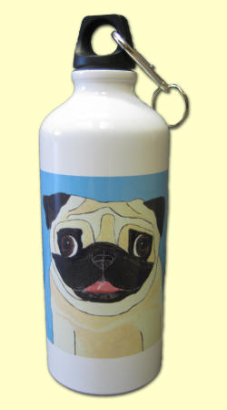 Water Bottle shown with screw top & Pug Design A28
